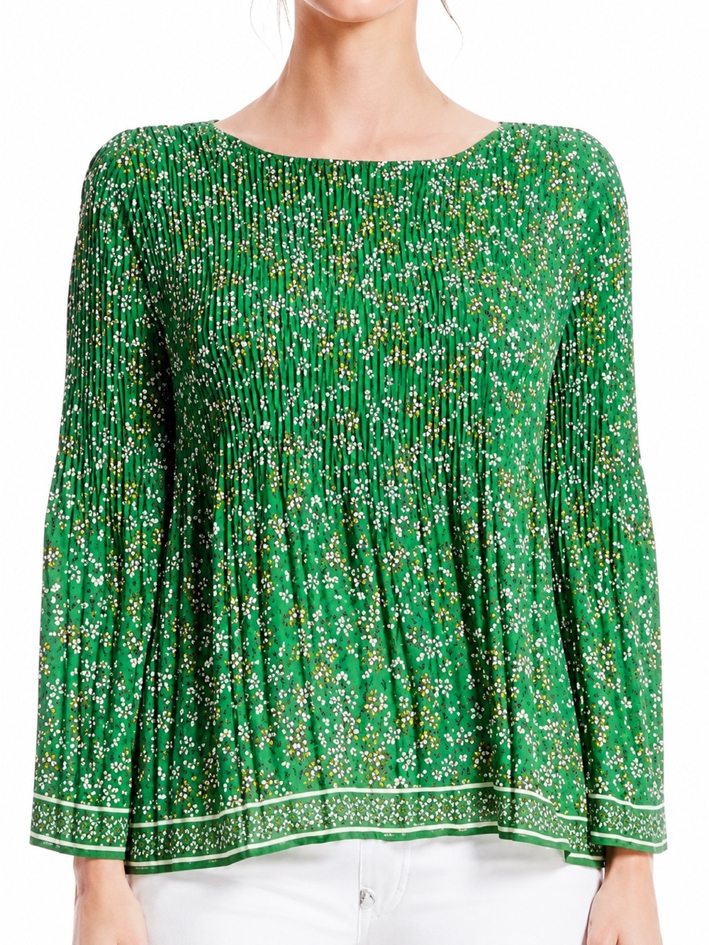 Max Studio Pleated Blouse Green Floral sz Medium